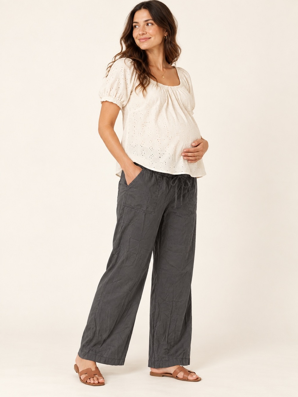 Isabel Maternity Medium Gray Wide Leg Rayon Pants with Patch Pockets